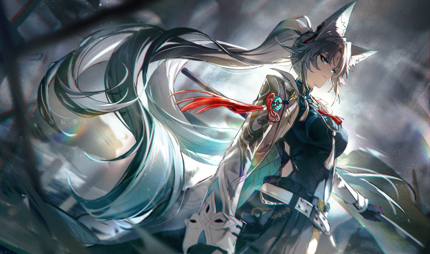 1girl, absurdres, animal_ear_fluff, animal_ears, aqua_hair, belt, black_gloves, black_skirt