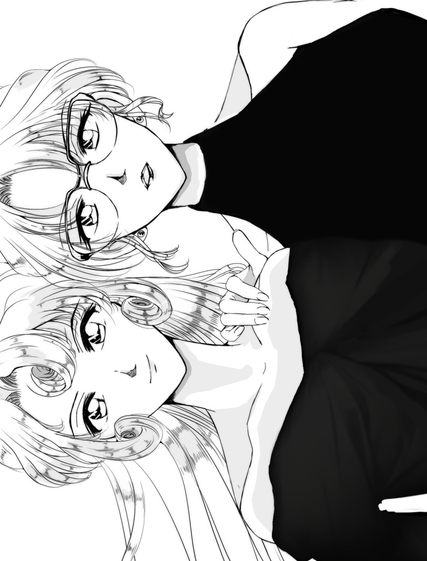 2girls, commentary, dress, earrings, glasses, greyscale, hair_bun, hand_on_another's_shoulder, highres, jewelry, kisaki_eri, kudou_yukiko, long_hair, looking_at_viewer, meitantei_conan, monochrome, multiple_girls, parted_bangs, rio_raspberry, sidelocks, simple_background, strapless, strapless_dress, turtleneck, turtleneck_dress, upper_body