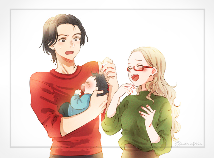 1boy, 1girl, baby, baby_carry, black_hair, blonde_hair, blush, carrying