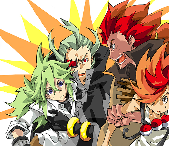 4boys, alder_(pokemon), benga_(pokemon), ghetsis_(pokemon), green_hair, hair_over_one_eye, male_focus, multicolored_hair