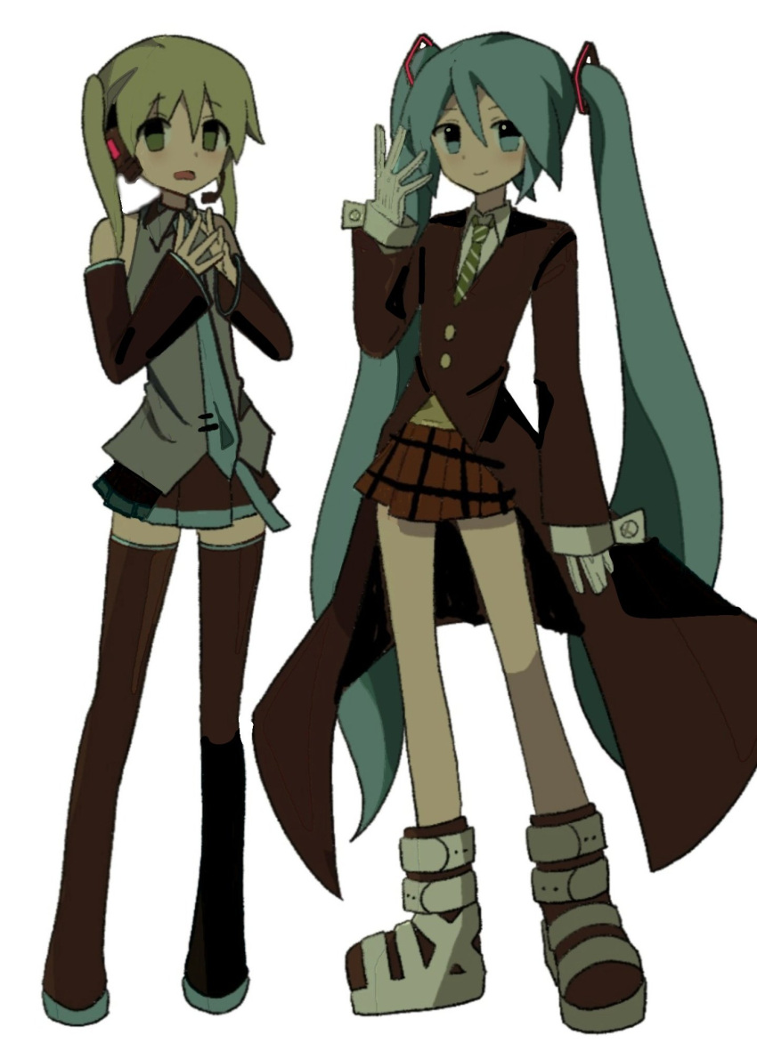 2girls, aqua_eyes, aqua_hair, aqua_necktie, black_sleeves, blonde_hair, cosplay, detached_sleeves