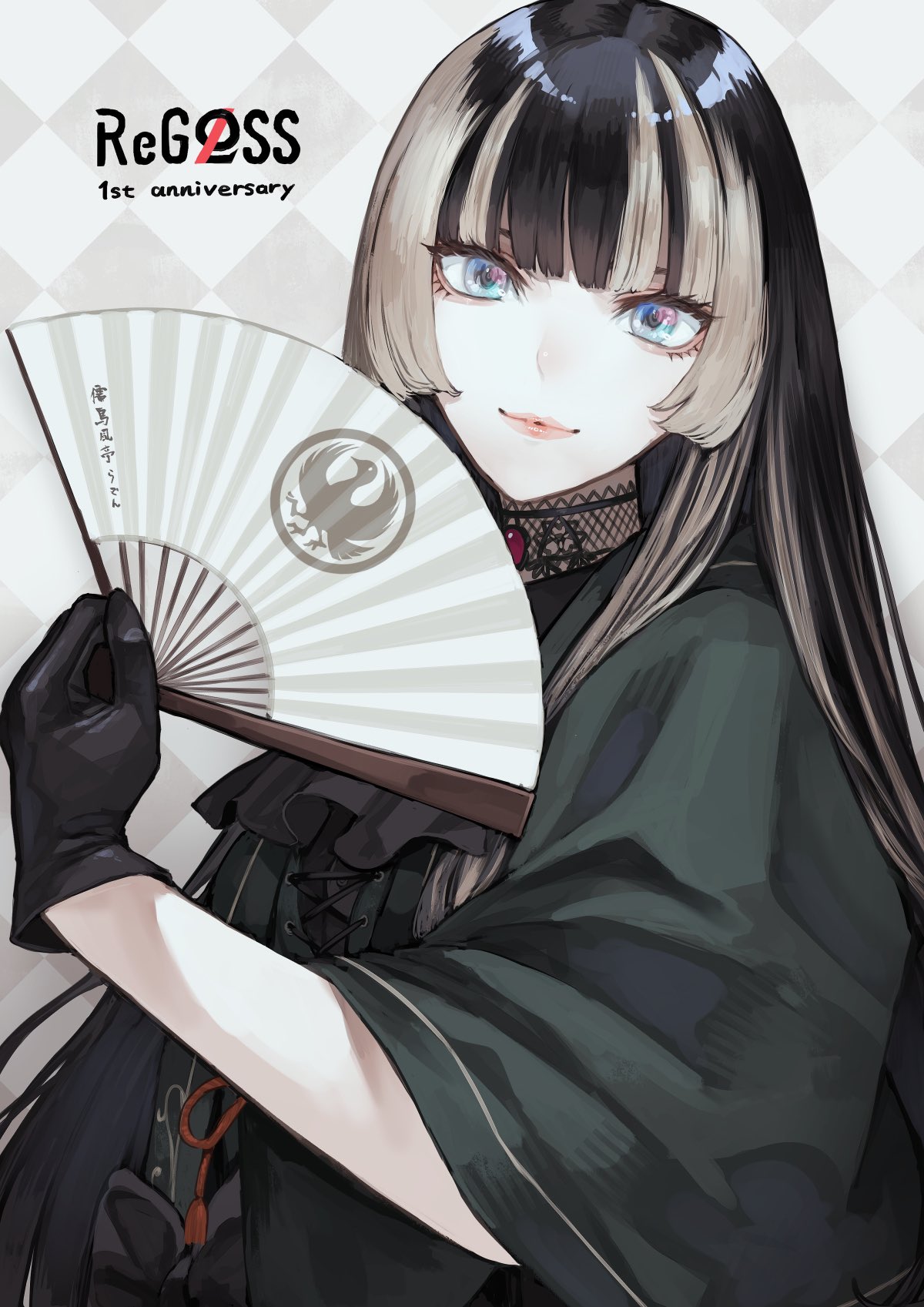 1girl, black_bow, black_gloves, black_hair, blue_eyes, bow, choker, closed_mouth