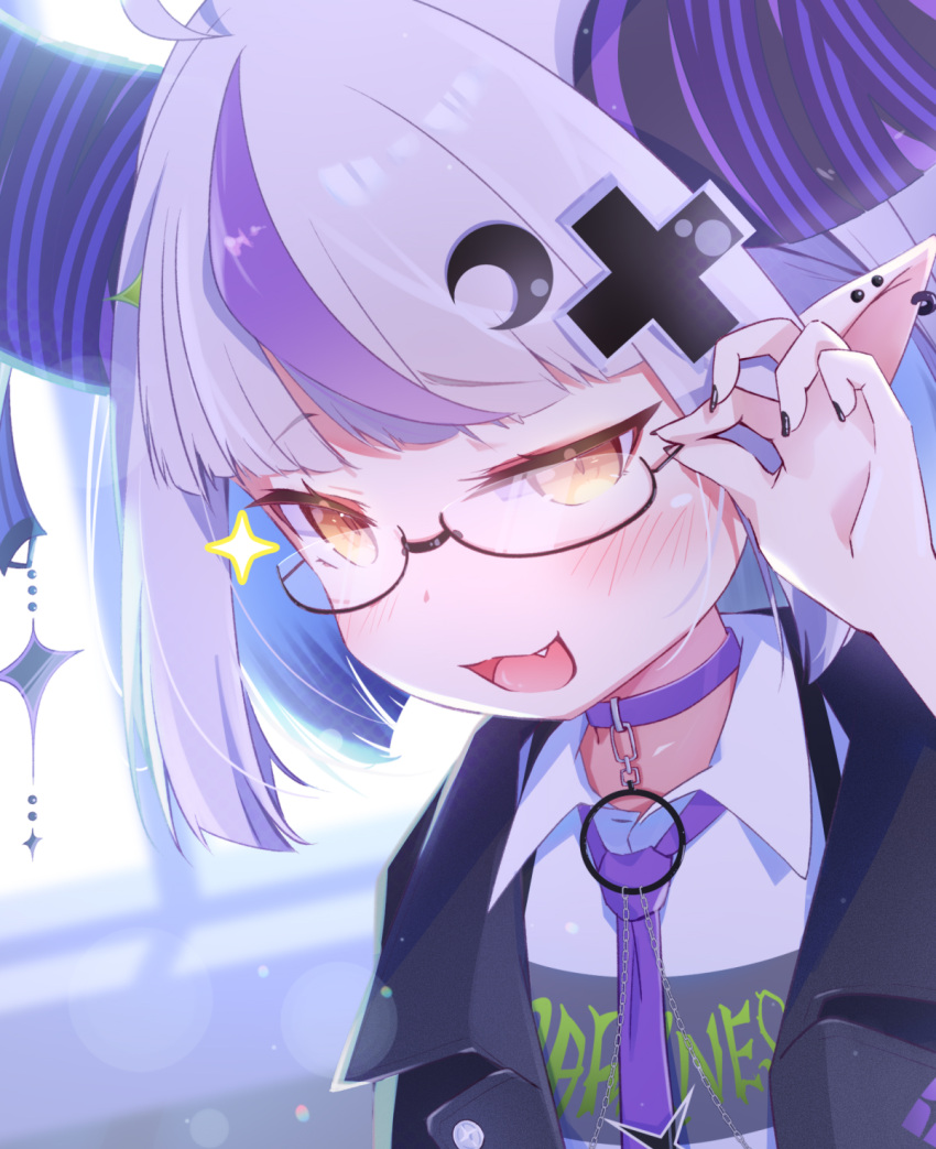 1girl, adjusting_eyewear, ahoge, blush, capuchi_(111cappuccino), commentary, demon_girl, demon_horns
