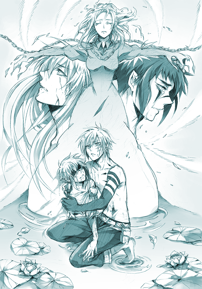 alma_karma, belt, blindfold, chain, chains, d.gray-man, fetithism, flower, injury, kanda_yuu, lotus, monochrome, multiple_persona, pointy_ears, tattoo, tears, topless, water