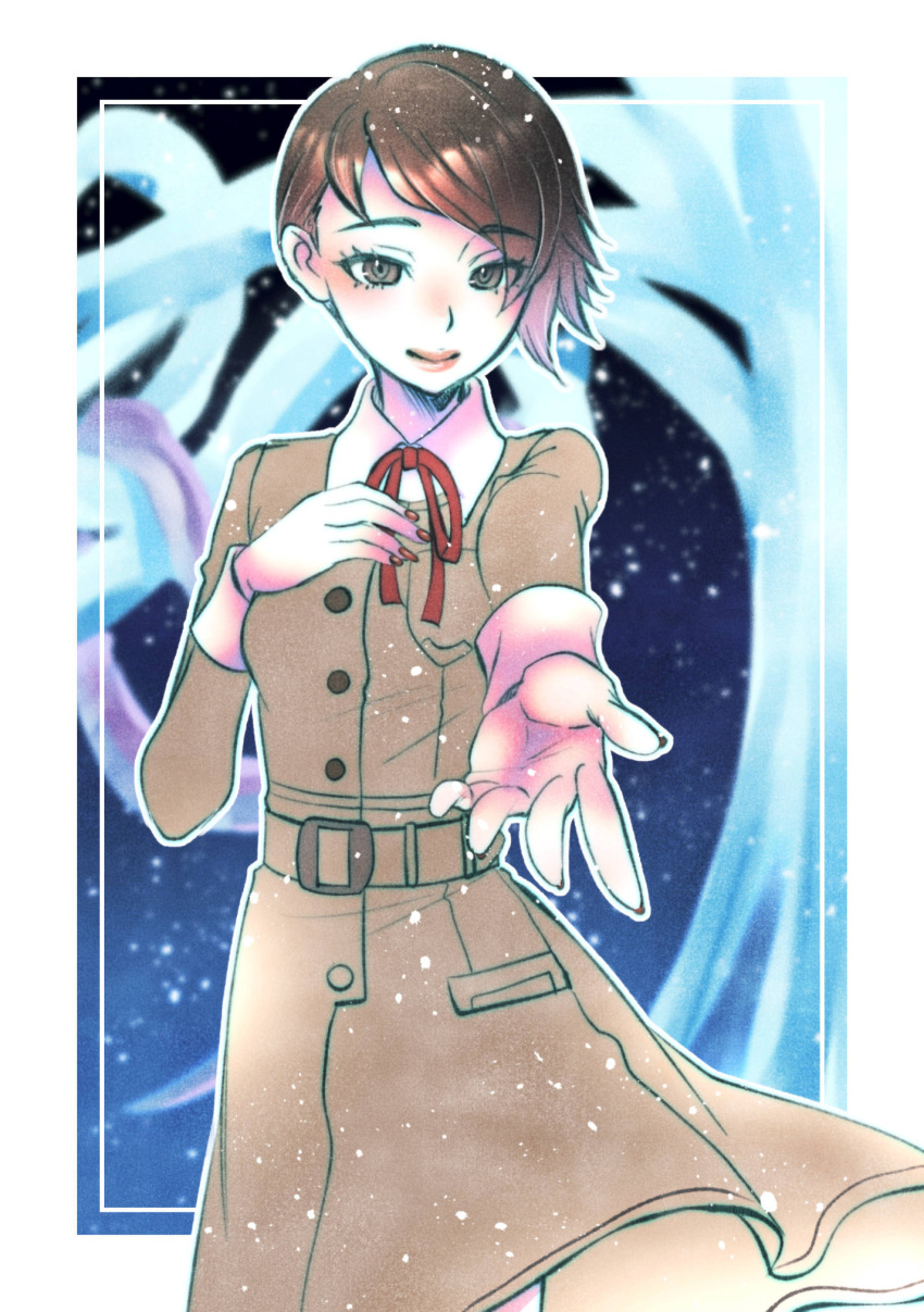 1girl, ao_(yashuring), asymmetrical_hair, belt, breast_pocket, breasts, brown_eyes, brown_hair