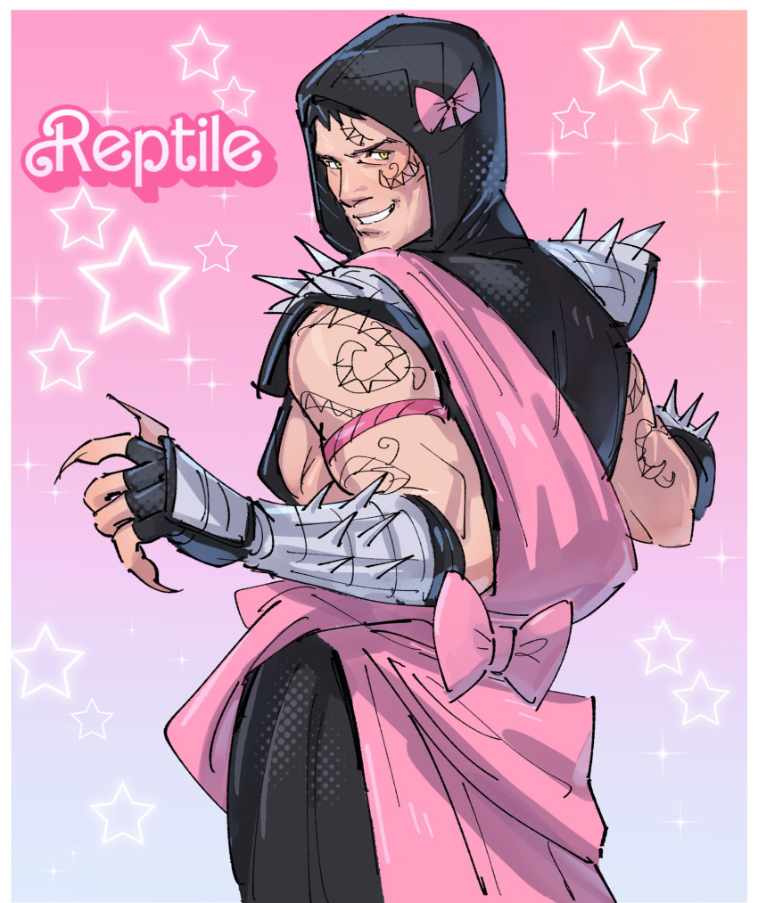 1boy, arm_tattoo, armor, armored_gloves, back_bow, barbie_(franchise), barbie_(live_action), black_gloves