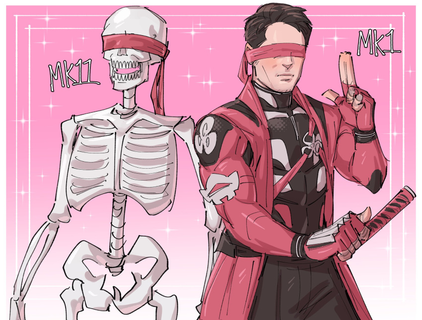 1boy, arm_up, black_hair, black_pants, blindfold, bone, border, closed_mouth