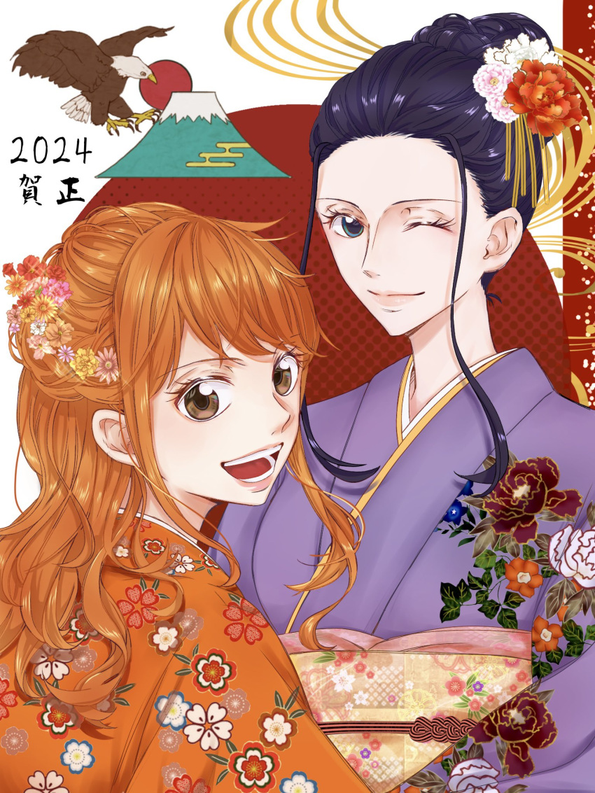 2024, 2girls, ;), bird, blue_eyes, brown_eyes, cherry_blossom_print, closed_mouth