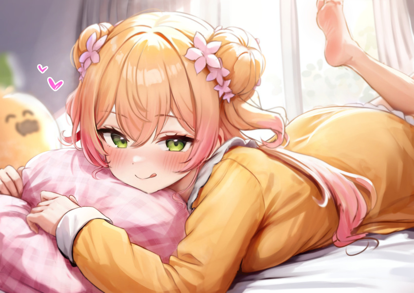 1girl, :q, absurdres, alternate_costume, barefoot, bed_sheet, bedroom, blonde_hair