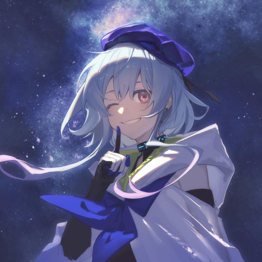 1boy, arknights, beret, black_gloves, blue_hair, blue_hat, blue_sky, blush, clothing_cutout, commentary_request, elbow_gloves, gloves, grin, hat, highres, infection_monitor_(arknights), jacket, looking_at_viewer, male_focus, mizuki_(arknights), night, night_sky, one_eye_closed, outdoors, pink_eyes, poncho, short_hair_with_long_locks, shoulder_cutout, sky, smile, solo, star_(sky), starry_sky, two-sided_gloves, white_gloves, white_jacket, youling_niao_(siye_233)