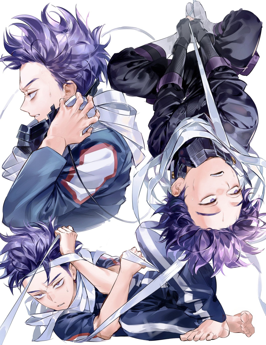 1boy, arms_up, barefoot, black_gloves, black_pants, boku_no_hero_academia, boots, bound, commentary_request, gloves, herovvvzzz, highres, jitome, long_scarf, long_sleeves, male_focus, multicolored_clothes, multiple_views, open_mouth, pants, parted_lips, purple_hair, scarf, shinsou_hitoshi, short_hair, simple_background, solo, superhero_costume, sweat, sweatdrop, teeth, tied_up_(nonsexual), upper_teeth_only, upside-down, violet_eyes, white_background, white_footwear, white_scarf