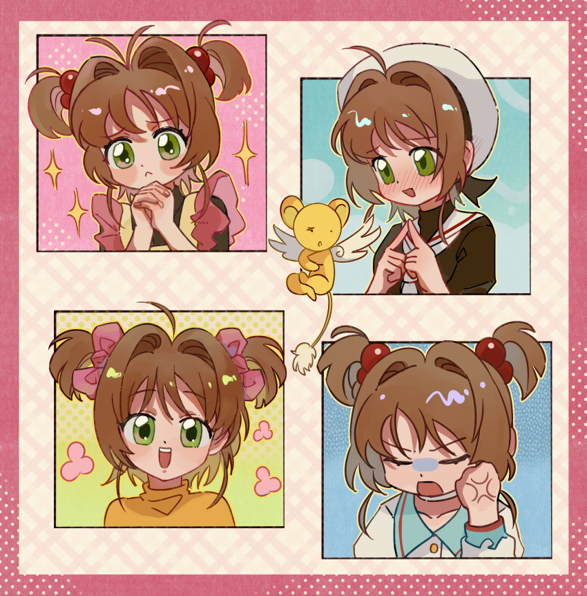 1boy, 1girl, :d, absurdres, anger_vein, antenna_hair, apron, black_shirt