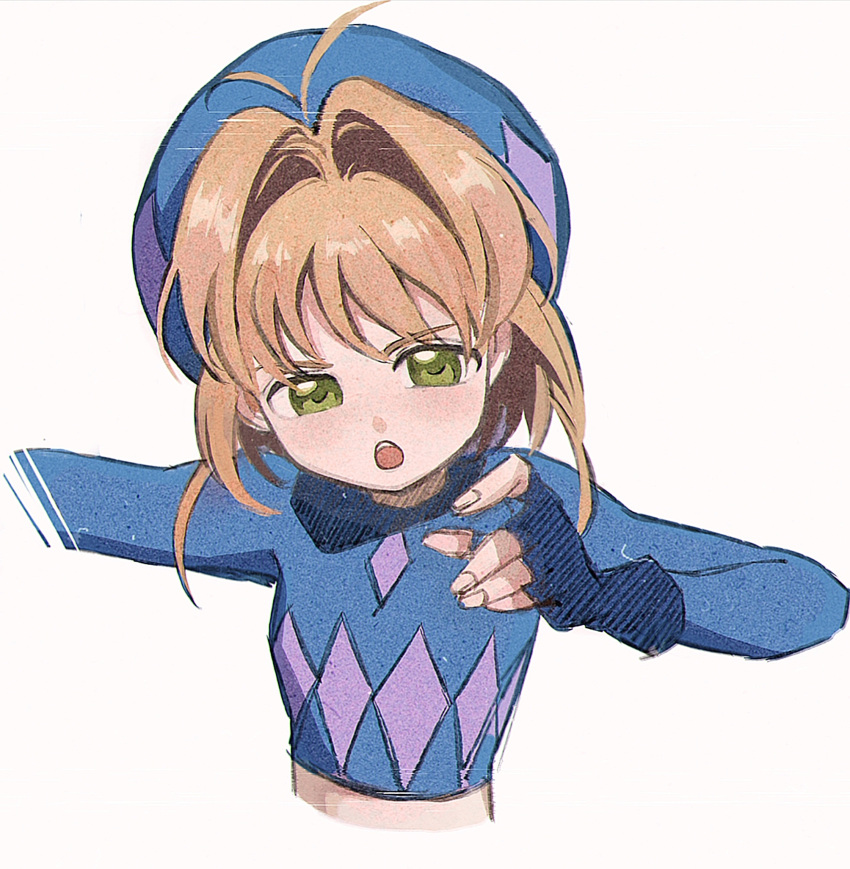 1girl, :o, antenna_hair, beret, blue_gloves, blue_hat, blue_sweater, blush