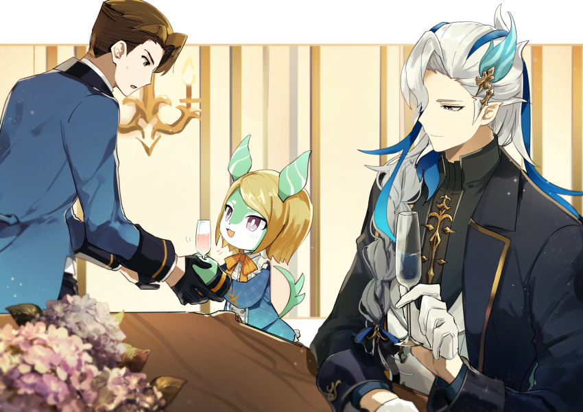 1girl, 2boys, :d, animal_ears, asymmetrical_bangs, black_jacket, blue_hair, blue_jacket