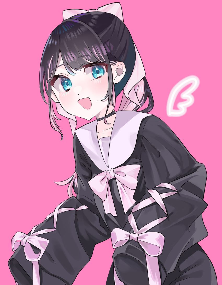 1girl, :d, absurdres, black_choker, black_hair, black_shirt, black_skirt, blue_eyes