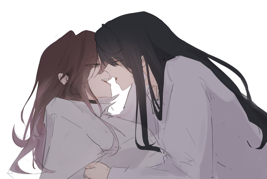 2girls, absurdres, black_hair, brenn_(idwytl), closed_eyes, commentary, highres, long_hair, long_sleeves, looking_at_another, multiple_girls, open_mouth, path_to_nowhere, rahu_(path_to_nowhere), redhead, shalom_(path_to_nowhere), shirt, simple_background, smile, white_background, white_shirt, yuri