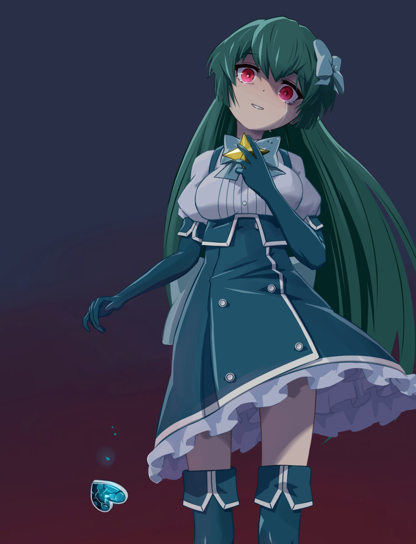1girl, 32zzz, aqua_gloves, aqua_skirt, blue_bow, blue_bowtie, blue_footwear, blue_gloves