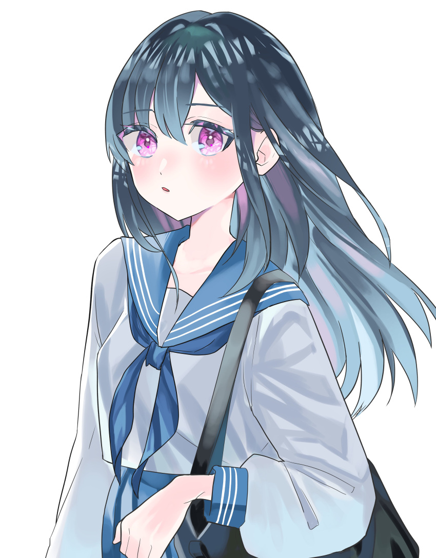 1girl, absurdres, bag, black_hair, blue_neckerchief, blue_sailor_collar, blue_skirt, herz_25
