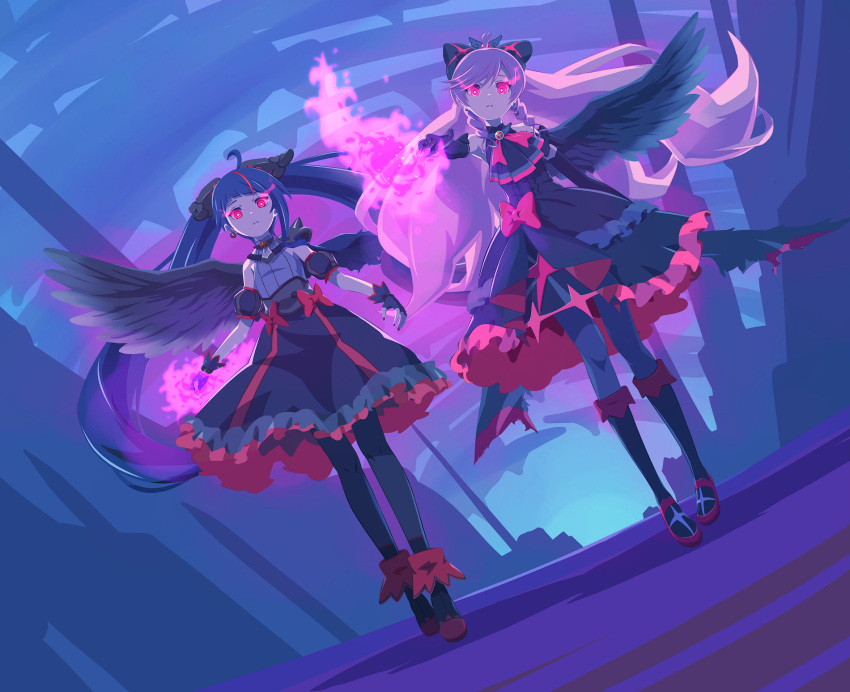 2girls, 32zzz, alternate_form, angel_wings, ankle_boots, armor, ascot, asymmetrical_bangs