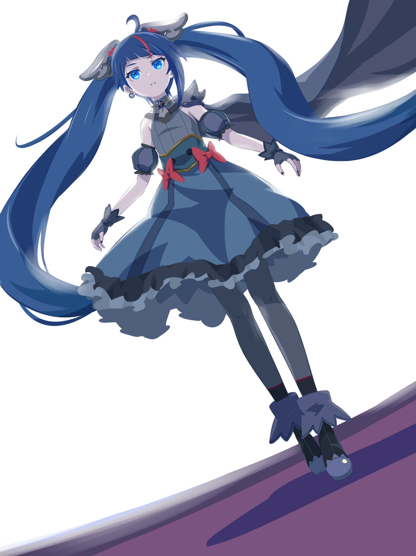 1girl, 32zzz, ankle_boots, armor, backlighting, black_footwear, black_nails, black_sky_(precure), blue_cape, blue_dress, blue_eyes, blue_gloves, blue_hair, boots, bow, brooch, cape, closed_mouth, cure_sky, cut_bangs, dark_persona, detached_sleeves, dress, dress_bow, dutch_angle, earrings, fingerless_gloves, frilled_dress, frills, gloves, grey_dress, grey_pantyhose, highres, hirogaru_sky!_precure, jewelry, long_hair, looking_at_viewer, medium_dress, multicolored_hair, pantyhose, parted_lips, pauldrons, precure, puffy_detached_sleeves, puffy_sleeves, red_bow, redhead, shoulder_armor, single_pauldron, single_sidelock, sleeveless, sleeveless_dress, solo, sora_harewataru, spiked_pauldrons, standing, streaked_hair, two-tone_dress, two-tone_hair, very_long_hair, white_background, wind, wing_brooch, wing_hair_ornament