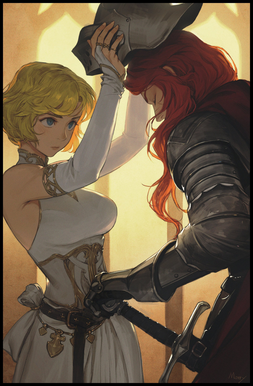 2girls, absurdres, armor, belt, blonde_hair, blue_eyes, breasts, bridal_gauntlets