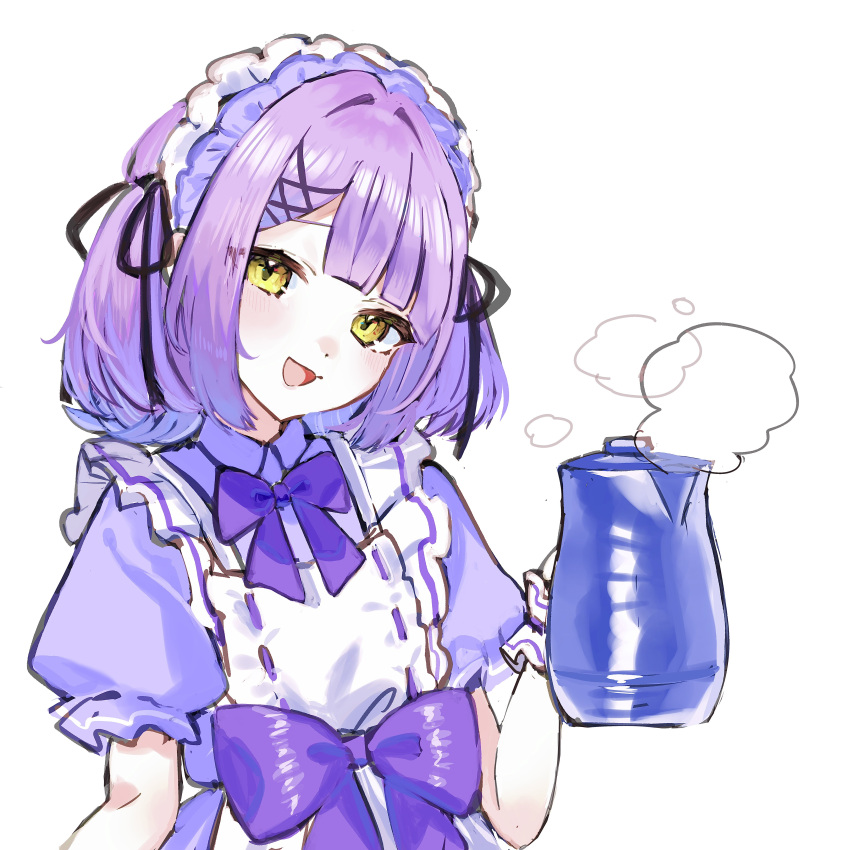 1girl, :d, absurdres, alternate_costume, apron, blunt_bangs, bow, bow_apron, bowtie, collared_dress, dress, frilled_sleeves, frilled_wrist_cuffs, frills, hair_intakes, hair_ornament, hair_ribbon, hairpin, herz_25, highres, maid, maid_apron, maid_headdress, multiple_hairpins, open_mouth, puffy_sleeves, purple_bow, purple_bowtie, purple_dress, purple_hair, ribbon, shinomiya_runa, short_sleeves, smile, solo, steam, teapot, two_side_up, upper_body, virtual_youtuber, vspo!, white_background, wrist_cuffs, yellow_eyes