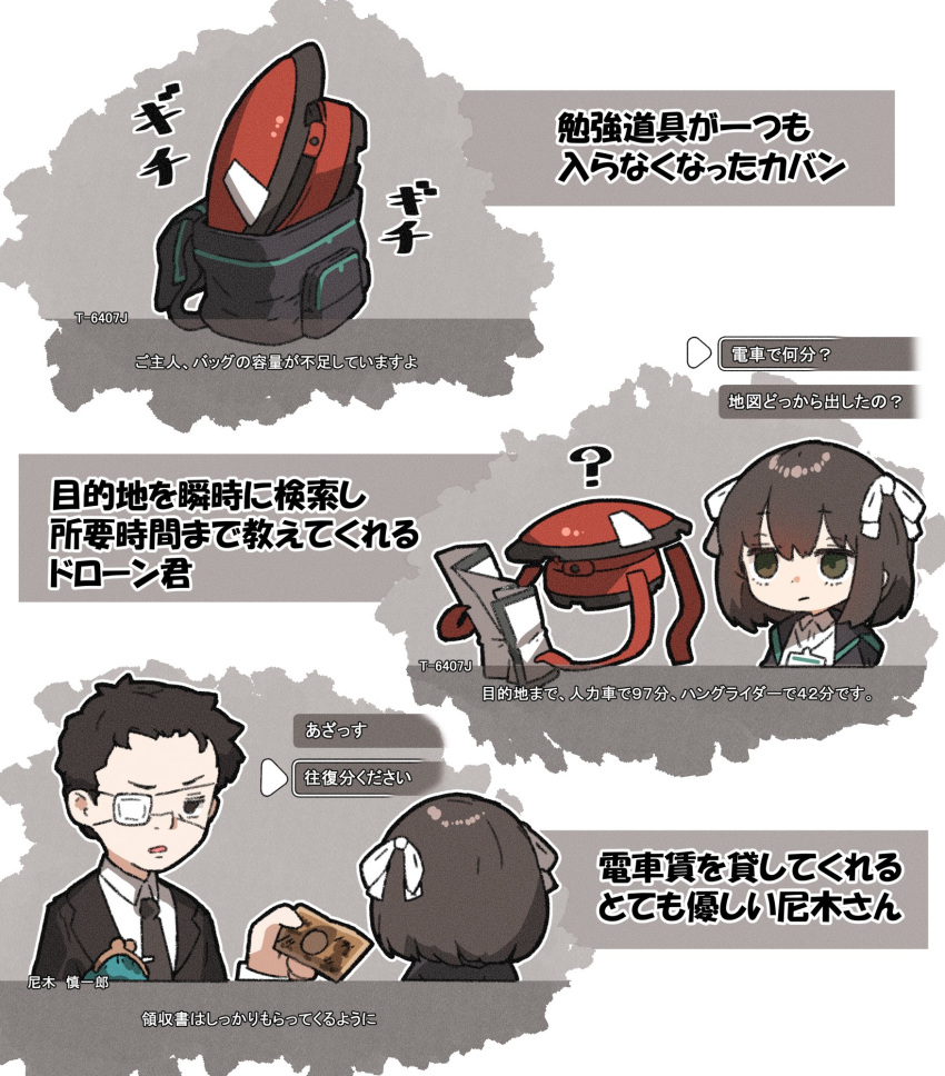 1girl, amagi_shinichiro_(samidare), amonitto, backpack, bag, banknote, black_hair, black_necktie
