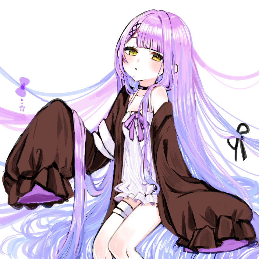 1girl, absurdres, alternate_hair_length, alternate_hairstyle, black_collar, black_ribbon, blunt_bangs, bow