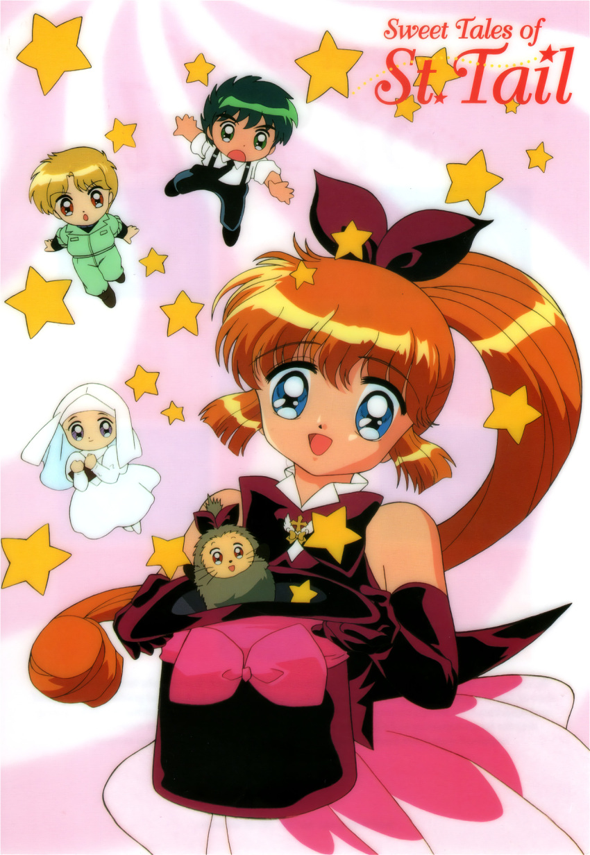1990s_(style), 1girl, animal, asuka_daiki, black_gloves, blonde_hair, blue_eyes, bow