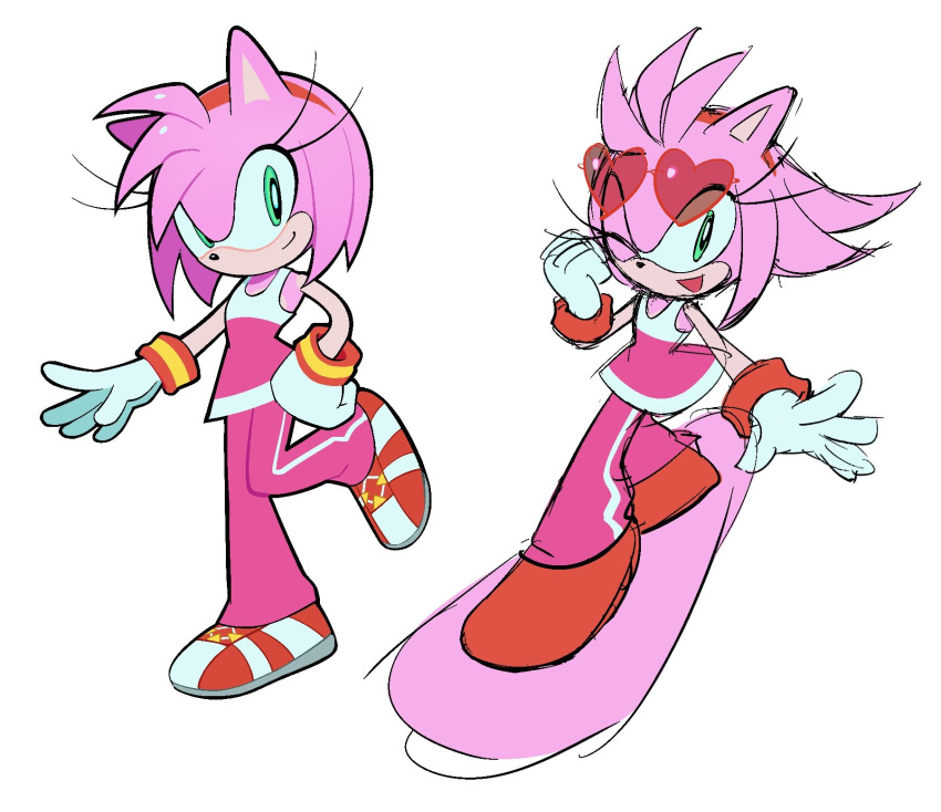 1girl, amy_rose, amy_rose_(riders), animal_ears, animal_nose, closed_mouth, commentary_request, eyewear_on_head