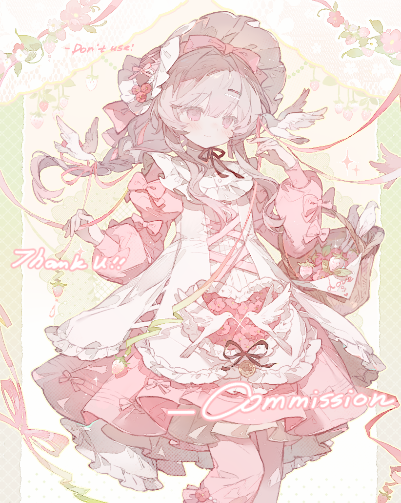 1girl, apron, basket, bird, bird_on_hand, black_ribbon, blunt_bangs, bonnet