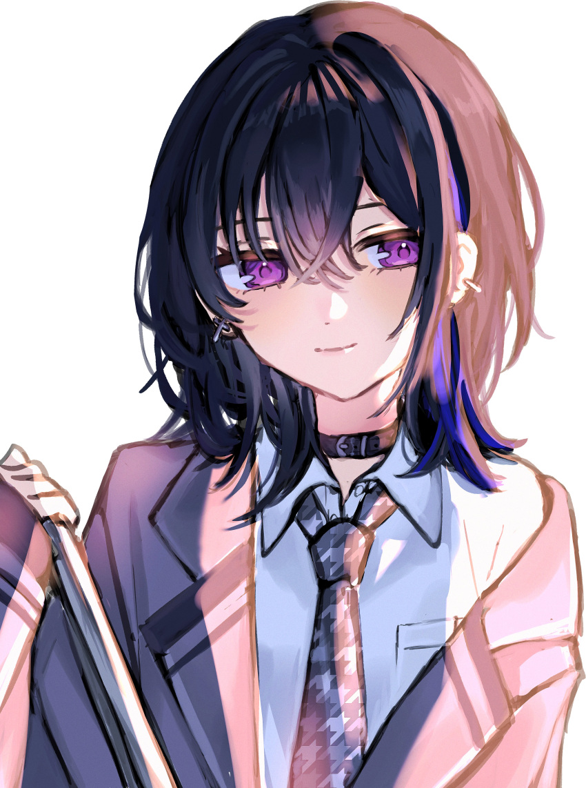 1girl, absurdres, belt_collar, black_hair, blazer, blue_hair, collar, collared_shirt, cross, cross_earrings, ear_piercing, earrings, grey_jacket, grey_necktie, herz_25, highres, ichinose_uruha, jacket, jewelry, long_sleeves, looking_to_the_side, lupinus_virtual_games, multicolored_hair, necktie, piercing, shirt, single_off_shoulder, sleeves_past_wrists, solo, streaked_hair, violet_eyes, virtual_youtuber, vspo!, white_background, white_shirt