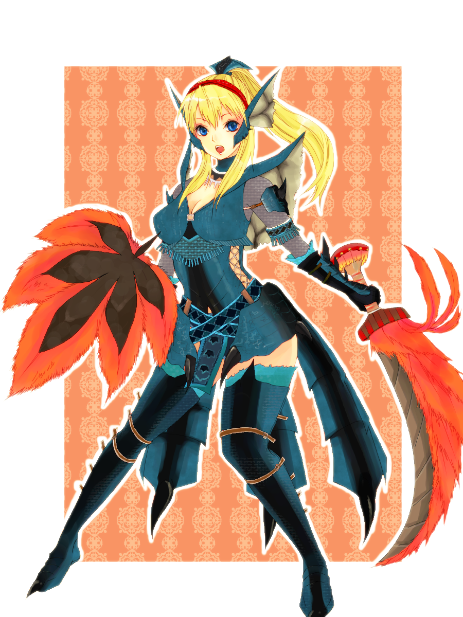 azure_rathalos, blonde_hair, blue_eyes, breasts, capcom, cleavage, headband, highres