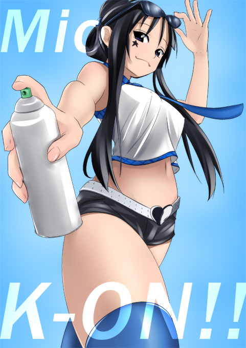 akiyama_mio, black_eyes, black_hair, breasts, glasses, hotpants, k-on!, long_hair, perspective, renton, short_shorts, shorts, solo, spray_can, sunglasses, thigh-highs, thighhighs