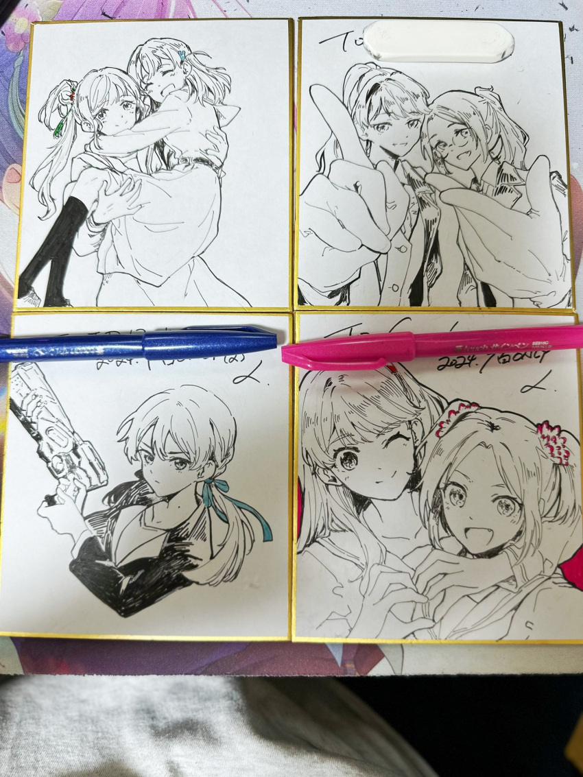 5girls, :d, ;), ^_^, arm_around_neck, art_tools_in_frame, artist_name, asmrz