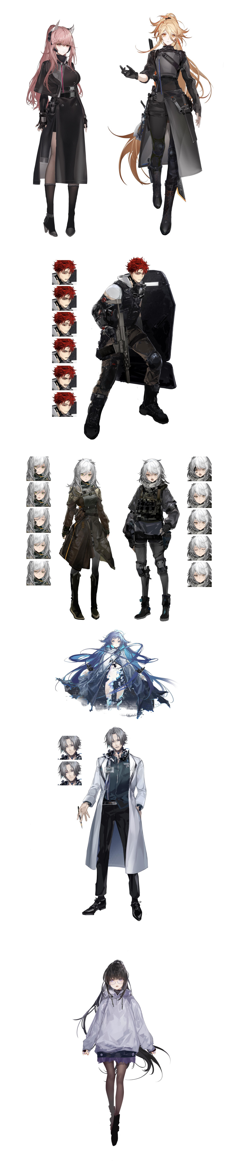 2boys, 5girls, :o, absurdres, animal_ears, ankle_boots, ballistic_shield, beard_stubble