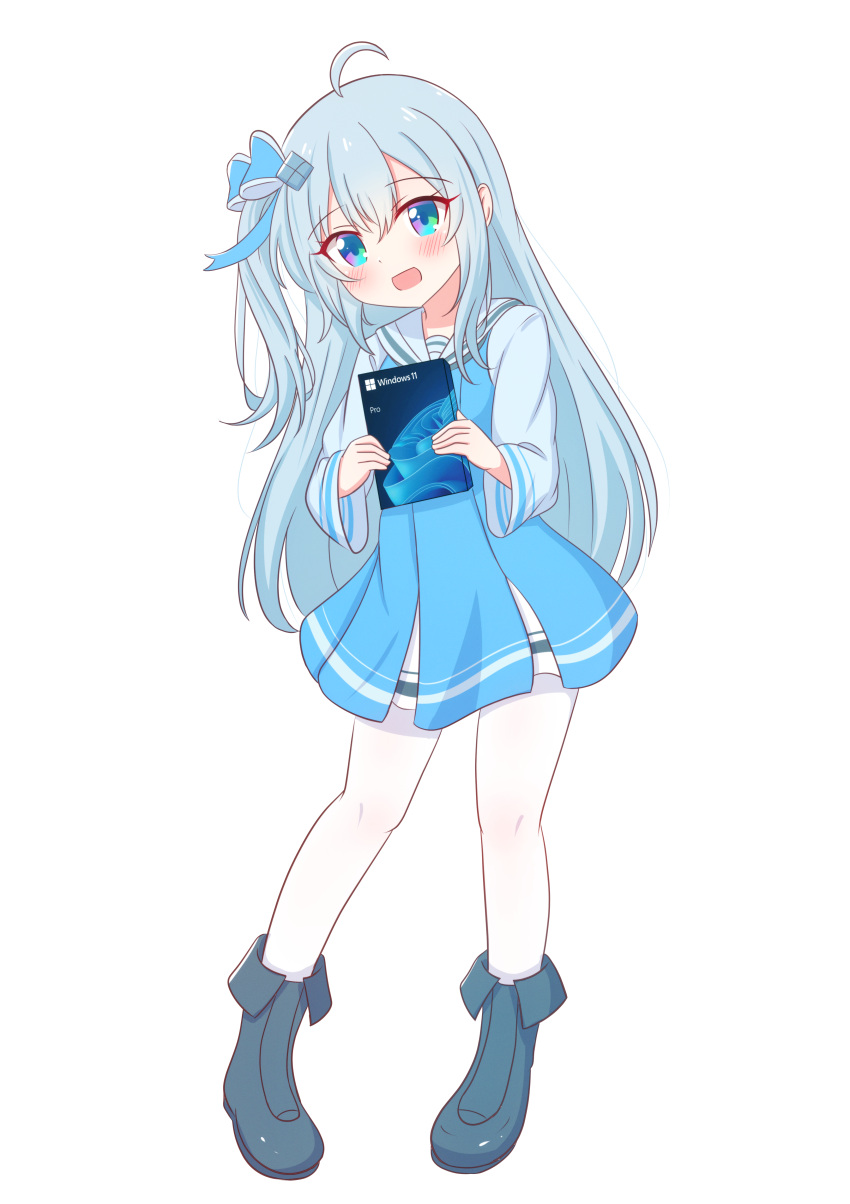 1girl, absurdres, ahoge, aqua_bow, aqua_dress, aqua_eyes, blue_hair, blush