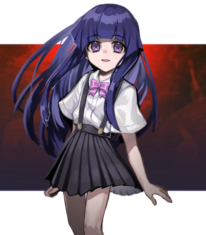 1girl, blue_hair, bow, bowtie, commentary_request, furude_rika, highres, higurashi_no_naku_koro_ni