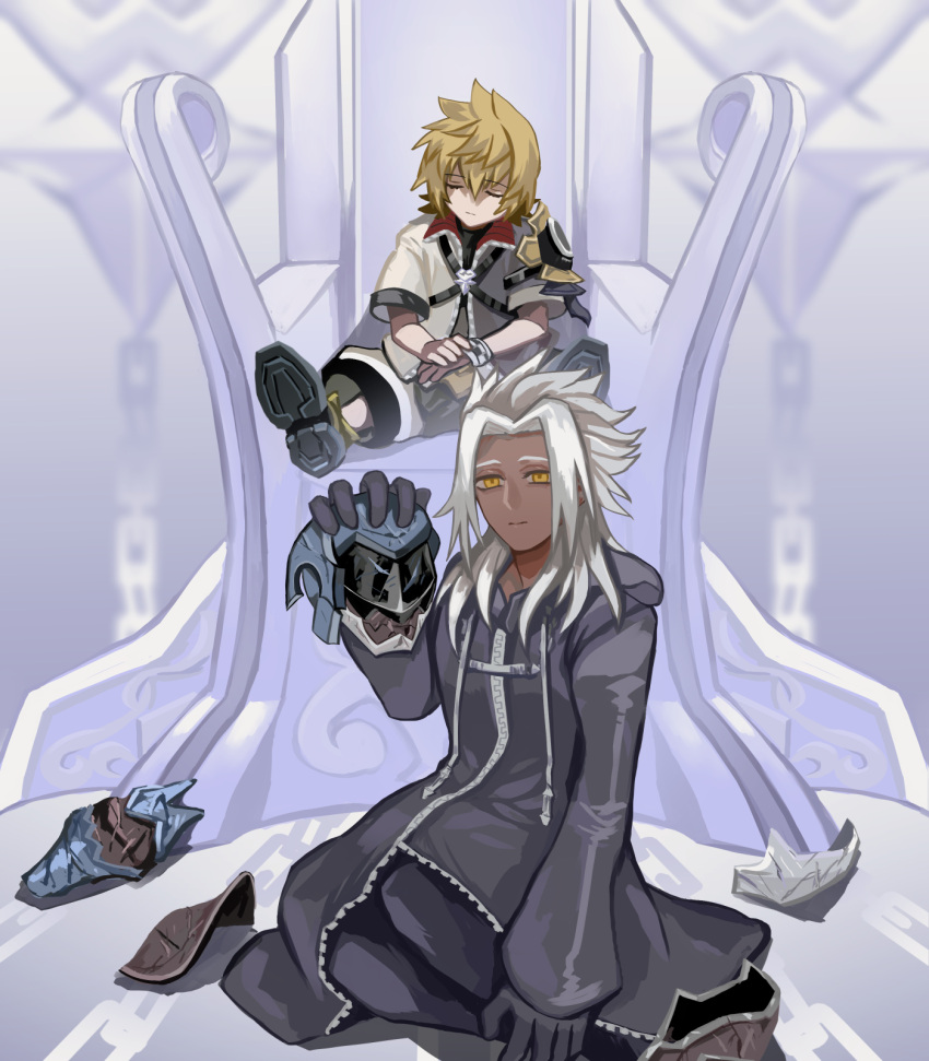 2boys, armor, black_coat_(kingdom_hearts), black_gloves, boots, closed_eyes, commentary_request, dark-skinned_male