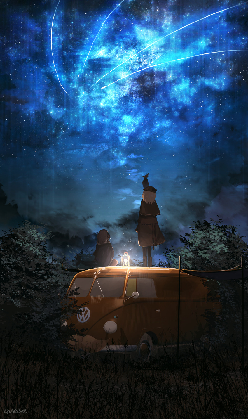 2girls, absurdres, advarcher, arm_up, artist_name, blonde_hair, brown_capelet, brown_coat, capelet, car, coat, commentary_request, deerstalker, forest, from_behind, full_body, galaxy, gawr_gura, gawr_gura_(1st_costume), grey_hair, hat, highres, hololive, hololive_english, lantern, looking_up, motor_vehicle, multiple_girls, nature, night, night_sky, orange_car, outdoors, outstretched_arm, scenery, shooting_star, sky, standing, star_(sky), starry_sky, van, virtual_youtuber, volkswagen_type_2, watson_amelia, watson_amelia_(1st_costume)