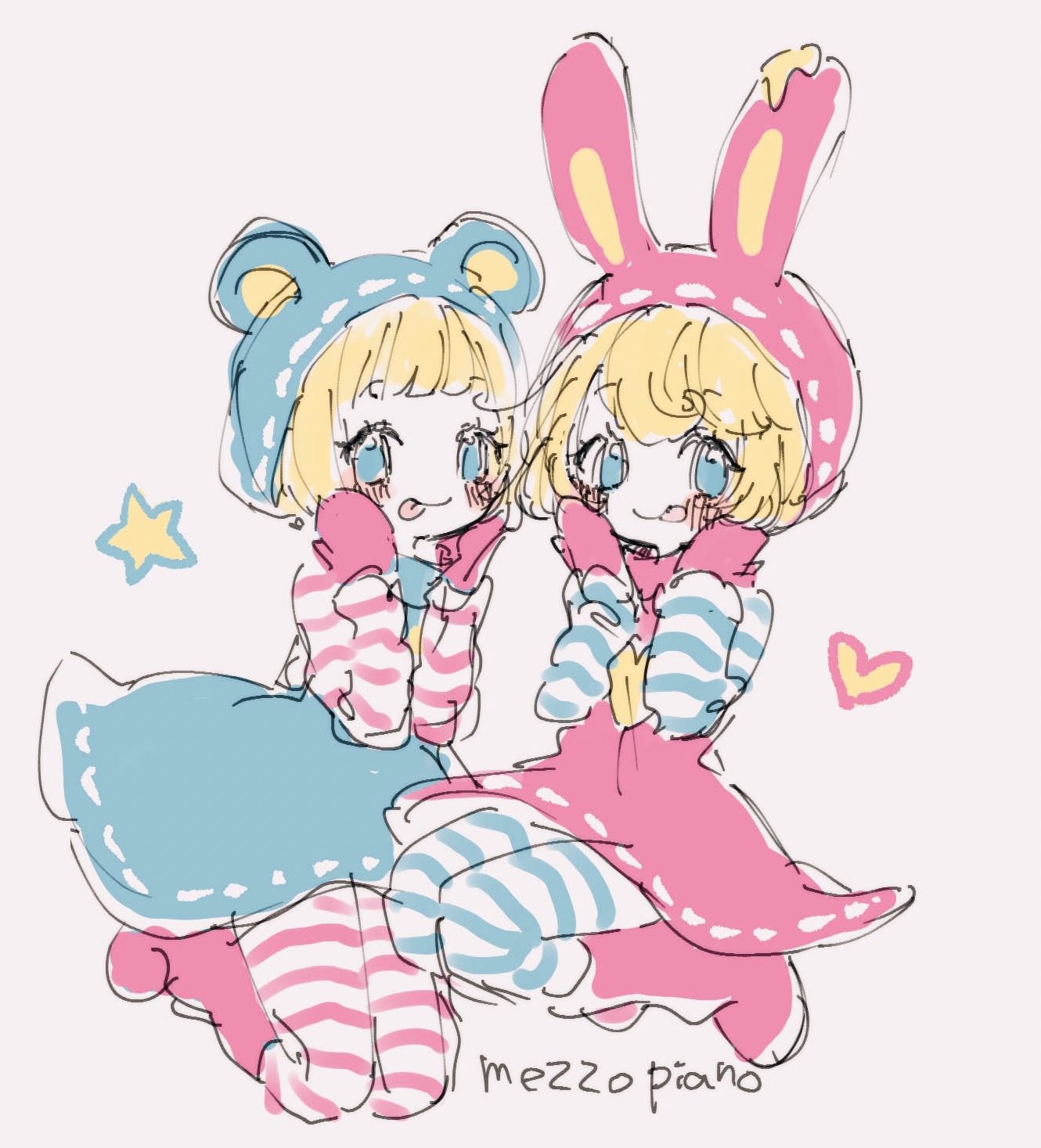 2girls, animal_ears, animal_hat, bear_ears, berrie_(mezzo_piano), boots, copyright_name, dress