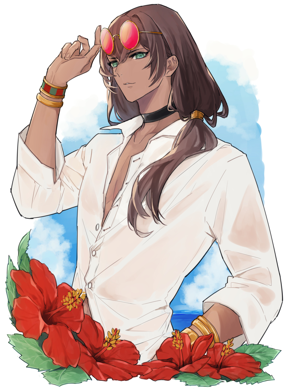 1boy, atum_(granblue_fantasy), bracelet, brown_hair, choker, collared_shirt, dark-skinned_male, dark_skin