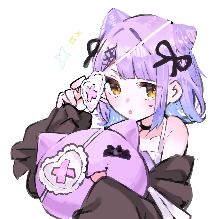 1girl, :o, black_choker, blunt_bangs, choker, collarbone, doll, eyepatch