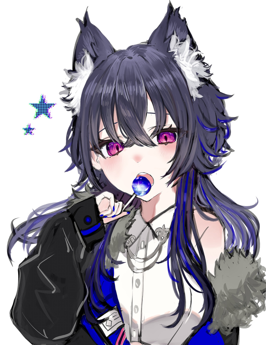 1girl, absurdres, animal_ear_fluff, animal_ears, black_jacket, blue_hair, blue_nails, candy