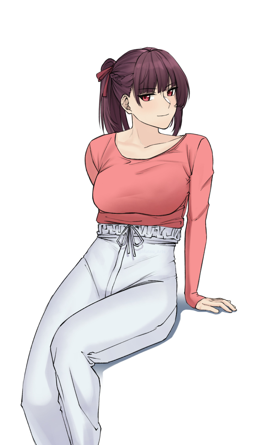 1girl, absurdres, alternate_costume, arm_behind_back, arm_support, asymmetrical_hair, breasts, closed_mouth
