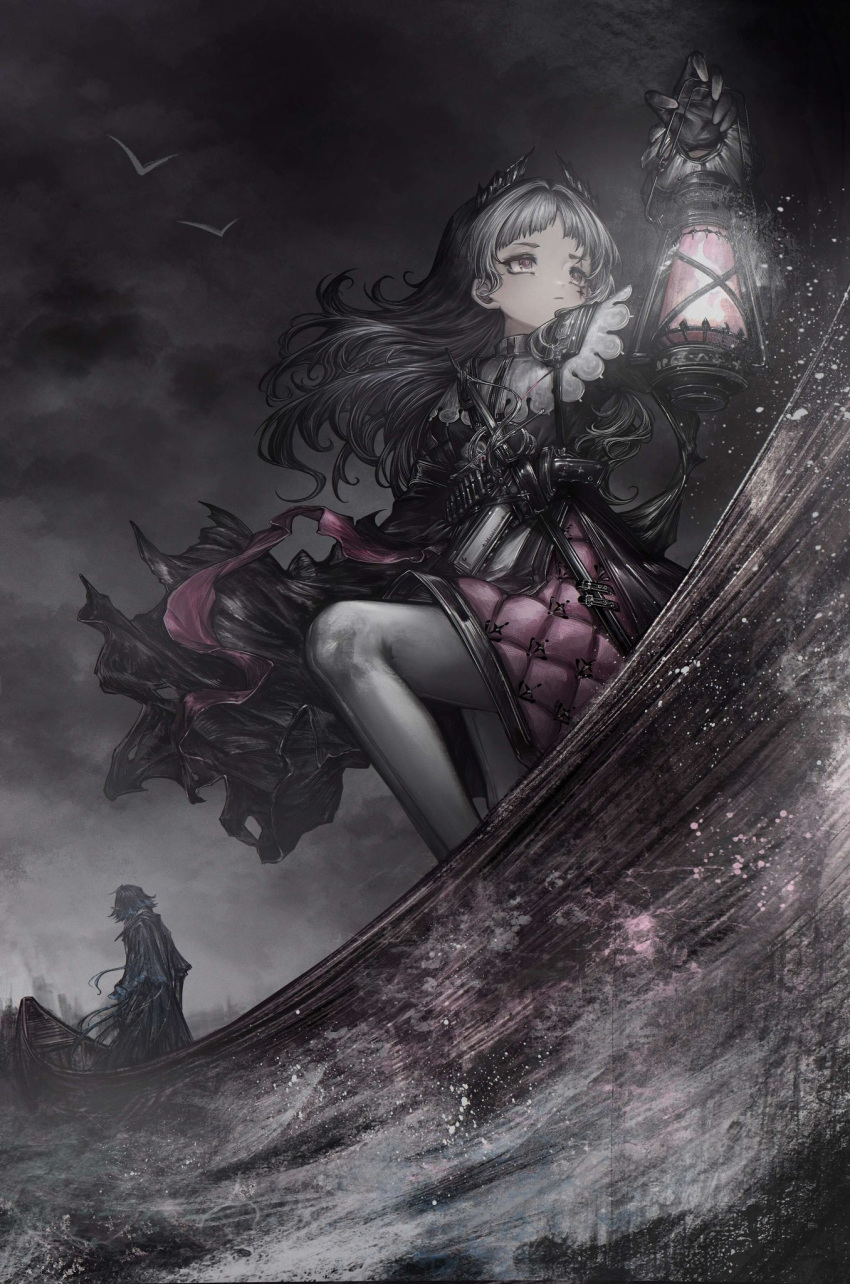 1boy, 1girl, ammunition_belt, arknights, black_coat, black_jacket, blue_hair, bullet, capelet, chinese_commentary, coat, commentary, cross_scar, front-seamed_legwear, grey_eyes, grey_hair, gun, handgun, head_wings, highres, holding, holding_lantern, holstered, irene_(arknights), jacket, kasari, lantern, long_hair, lumen_(arknights), ocean, on_boat, overcast, pantyhose, pink_pupils, pink_ribbon, pink_skirt, rapier, ribbon, scabbard, scar, scar_across_eye, scar_on_face, seamed_legwear, sheath, sheathed, short_hair, simple_bird, skirt, sky, solo_focus, sword, weapon, white_capelet, white_pantyhose, wings