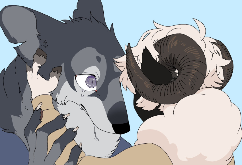 2boys, blonde_hair, blue_background, body_fur, claws, commentary_request, crying, furry, furry_male, grey_fur, hands_on_another's_face, highres, horns, male_focus, multiple_boys, neck_fur, neko_gokoro, original, sheep_boy, sheep_horns, short_hair, simple_background, sweater, upper_body, wolf_boy