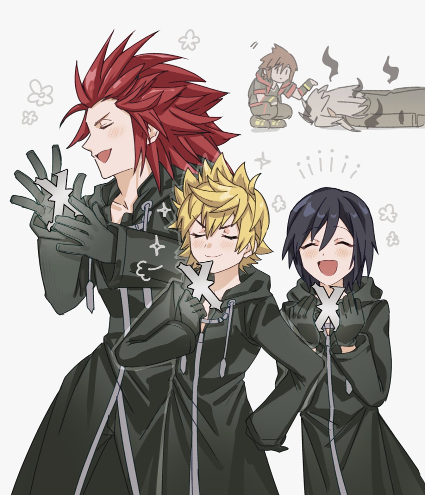 1girl, 4boys, axel_(kingdom_hearts), black_coat_(kingdom_hearts), black_gloves, black_hair, blonde_hair, brown_hair