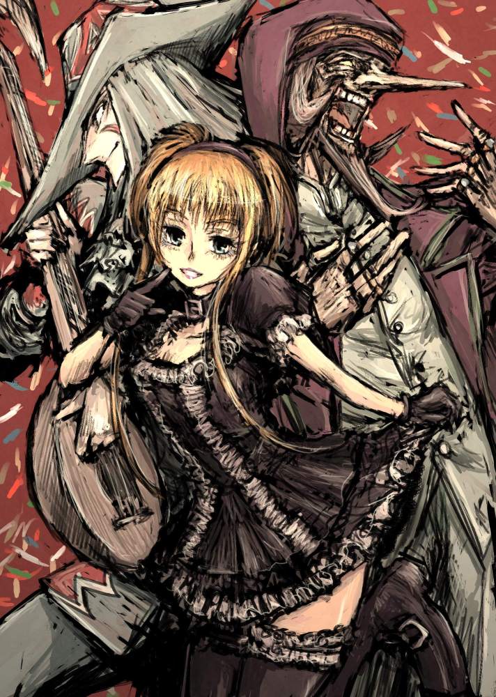 beard, columbine, facial_hair, gothic_lolita, hat, instrument, karakuri_circus, lolita_fashion, long_nose, moto_murabito, original, pantalon, solo, thigh-highs, thighhighs, twintails