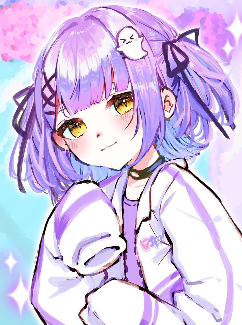 1girl, absurdres, black_choker, black_ribbon, blush, choker, collarbone, ghost_hair_ornament